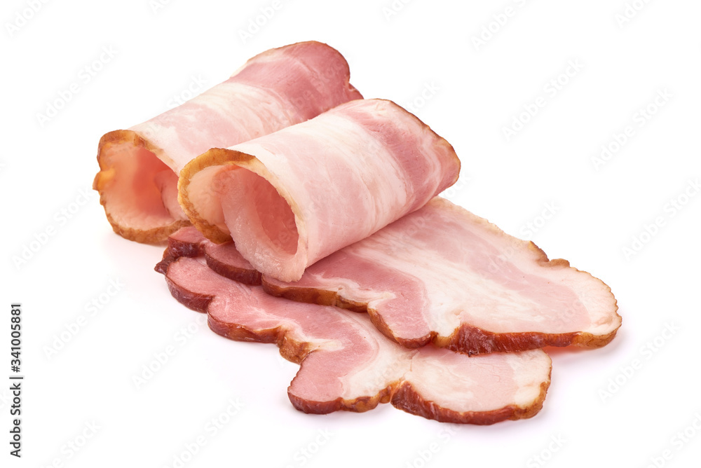 Pork brisket slices, smoked meat, isolated on white background Pork brisket slices, smoked meat, isolated on white background