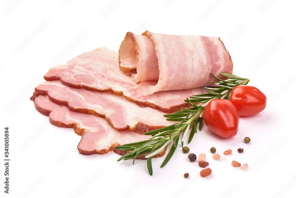 Sliced pork brisked, bacon slices, isolated on white background Sliced pork brisked, bacon slices, isolated on white background