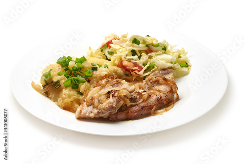 Pork steak with mashed potatoes, isolated on white background