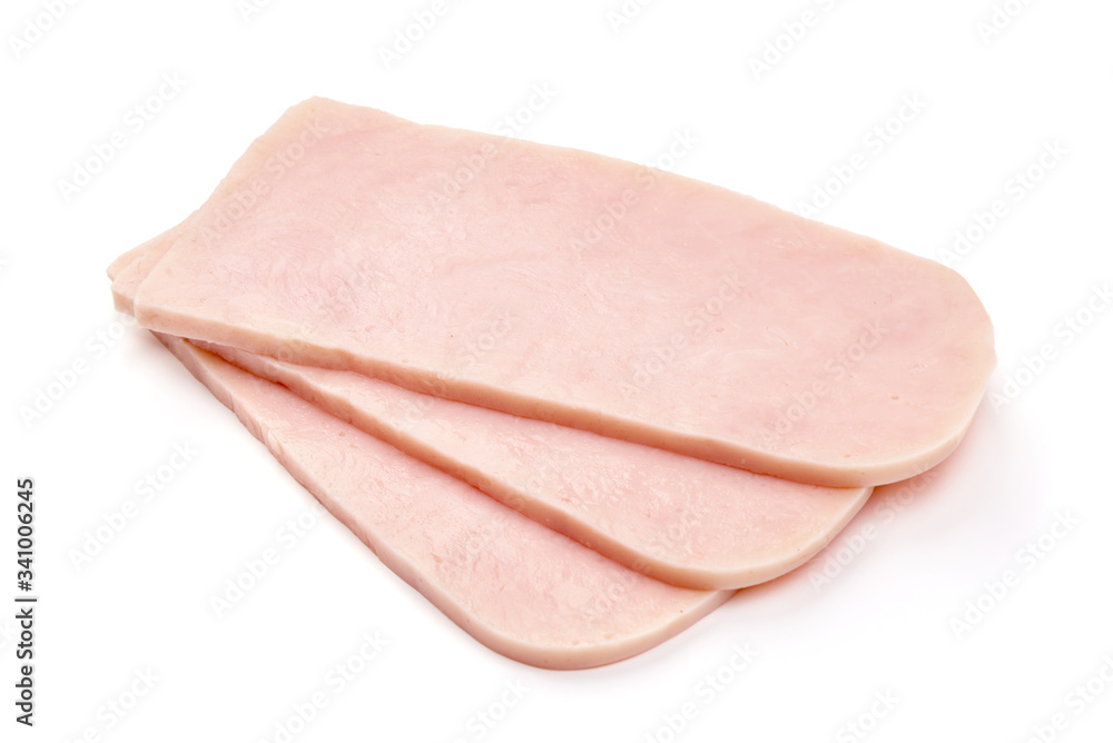Boiled ham sausage slices, isolated on white background Boiled ham sausage slices, isolated on white background
