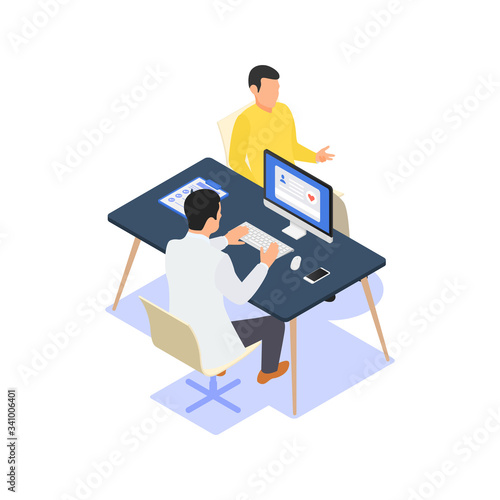 A doctor consults a patient in his office at his desk.