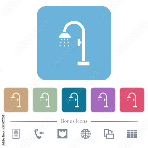 Shower flat icons on color rounded square backgrounds