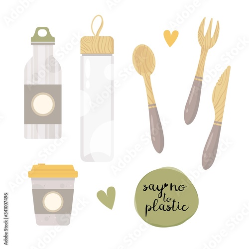 Zero waste lifestyle elements - vacuum flask, glass bottle, cultery. Vector cute illustration. Reusable and recyclable eco items. Plastic free. Go green.