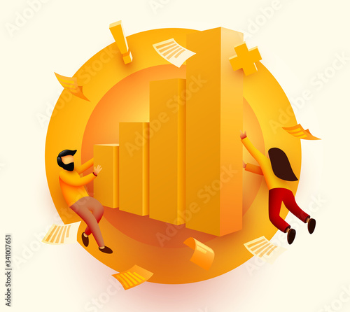 People flying around growth chart. Investment, statistics or analysis concept.