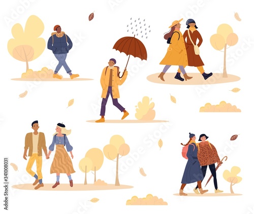 Friends, couple outdoor walk in autumn park. Girlfriend boyfriend on date. Student hurry to study. Office worker go to work. Woman talk gossip. Fall season. Rainy weather. People in warm clothes