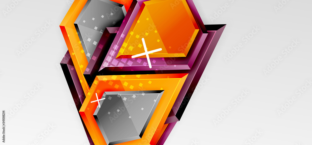 Metal glossy shiny geometric shapes with 3d effect composition. Techno futuristic vector abstract background For Wallpaper, Banner, Background, Card, Book Illustration, landing page