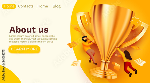 People flying around golden giant champion cup. Winner, teamwork or success concept.