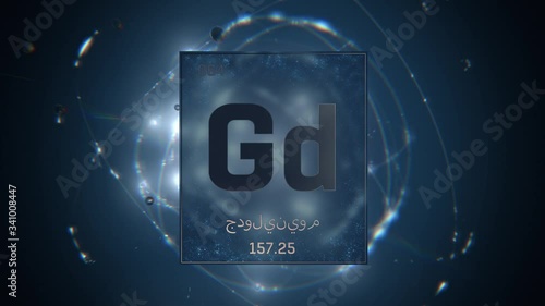 Gadolinium as Element 64 of the Periodic Table. Seamlessly looping 3D animation on blue illuminated atom design background orbiting electrons name, atomic weight element number in Arabic language photo