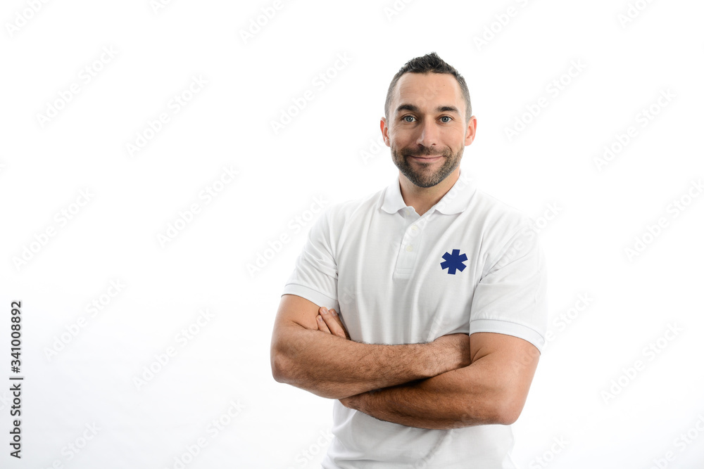 portrait of handsome man ambulance medical transport service driver studio shot isolated on a white background portrait of handsome man ambulance medical transport service driver studio shot isolated on a white background