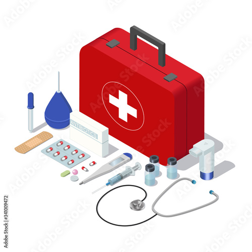 Isometric set of isolated doctor case first aid kit tools and medicaments. 3d vector web infographics concept.