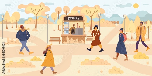 Multiethnic people walk in autumn public park near street coffee shop stall. Young man woman in warm clothes headwear go to work in morning. Seller offer hot aroma takeaway drink. Character enjoy fall