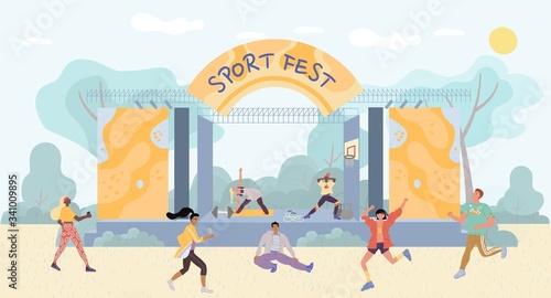 People enjoy open air sport fest entertainment in park. Man woman multiethnic group training by trainers standing on stage. Yoga, pilates, stretching, fitness workout master class for audience