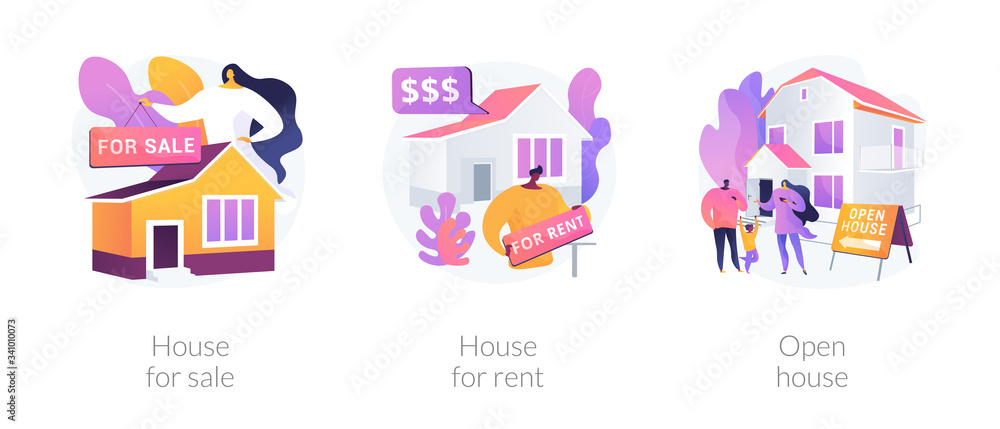 Real estate agent service abstract concept vector illustration set. House for sale and for rent, open house, best deal, booking, residential and commercial property, mortgage broker abstract metaphor.