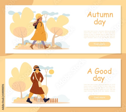 Good autumn day. Active fashionable young adult woman warmly clothed walking enjoy calm fall weather in park. Delight people. Outdoor recreation healthy lifestyle. Natural landscape. Header banner set