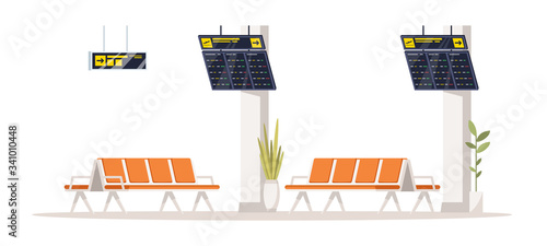 Airport terminal semi flat RGB color vector illustration. Waiting area in lobby. Empty orange seats in public to rest before flight. Aircraft lounge isolated cartoon object on white background