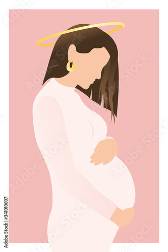 Happy Mothers day. Stylish pregnant woman with nimbus hugging her belly with baby on pink background. Modern hand drawn vector in flat style.  Woman in halo