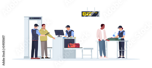 Check before boarding plane semi flat RGB color vector illustration. Security border control. Checked baggage on conveyor. Airport staff isolated cartoon characters on white background