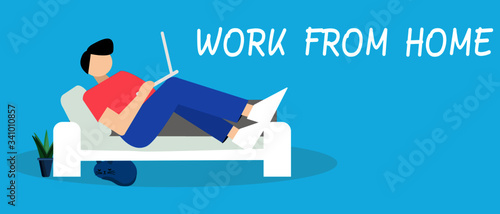 man with​ labtop on​ white​ sofa, work​ from​ home,in period of self isolation and social distancing .Corona virus Respiratory disease.during coronavirus epidemic.vector illustration.