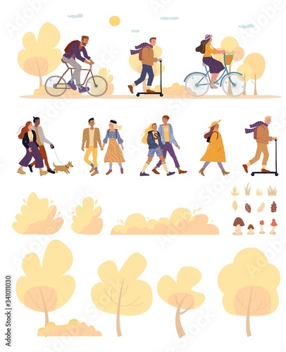 Young active people, natural park construction set. Man woman, girlfriend boyfriend, loving couple, cyclist, scooter rider. Trees, bushes, grass, mushroom, leaves collection. Outdoor fall activity