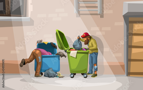 couple homeless searching in containers
