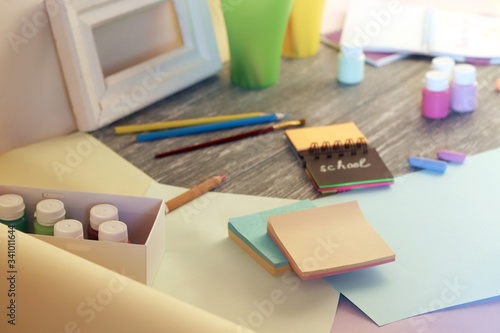 School stationery, on the desk, home schooling concept, part of the interior of a children's room, back to school