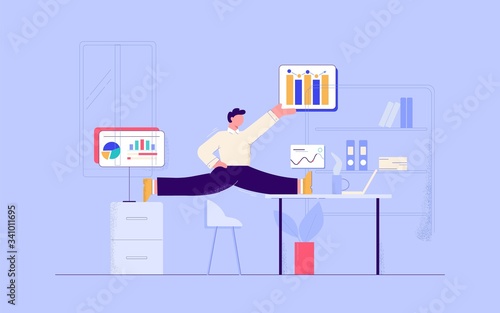 Cartoon businessman gymnastic working at office with graph and diagram vector flat illustration. Business male having flexible work time schedule at workplace isolated. Balance and planning concept