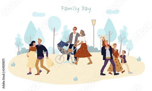 Parent toddler baby, family couple on walk in park. Father mother strolling newborn in pram. Happy husband hugging pregnant wife. Quality free time for children, healthy pregnancy. Weekend outdoor