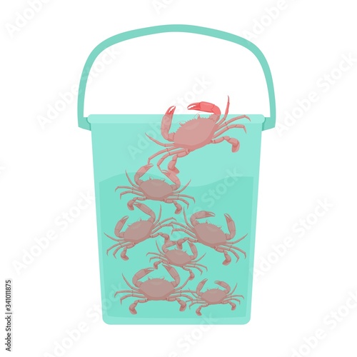 Cartoon crowd of crab in water at bucket vector graphic illustration. Colorful crustaceans with claws climbing up isolated on white. Concept of psychological behavior, way of thinking and mentality