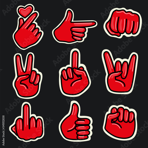 Hand signs, fist, insulted, heart, pointing finger, rock horns, approval, victory, in red colors.  Stickers Illustration.