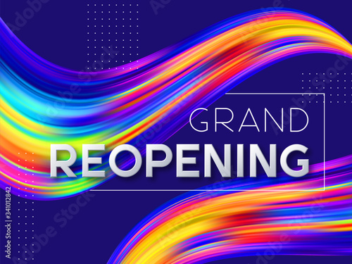 Grand reopening typographic design with 3d text and wave color flow liquid shapes. Opening ceremony vector illustration.
