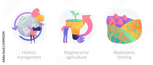 Conservation and rehabilitation farming system abstract concept vector illustration set. Holistic management, regenerative agriculture, biodynamic farming, ecological biodiversity abstract metaphor.