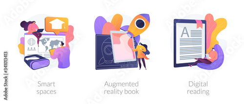 Modern educational technology abstract concept vector illustration set. Smart spaces, augmented reality book, digital reading, AI in education, digital content, e-classroom app abstract metaphor.