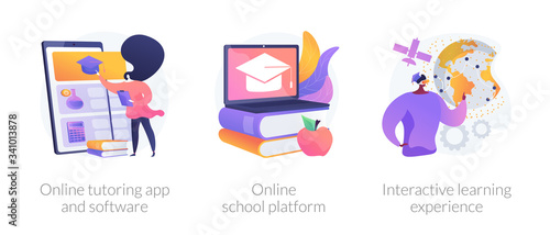 Online education opportunities abstract concept vector illustration set. Online tutoring app and software, virtual school platform, interactive learning experience, homeschooling abstract metaphor. © Visual Generation