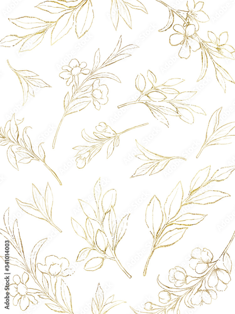 Watercolor vector card of golden flowers and branches.