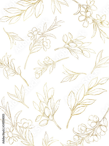 Watercolor vector card of golden flowers and branches.