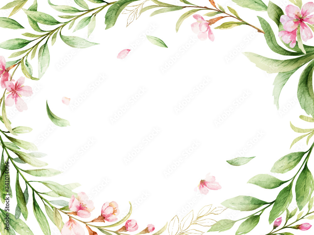 Watercolor vector card of pink flowers and green leaves.