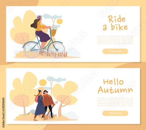 Fall holiday season recreation public event set. Woman friends enjoy seasonal outdoor recreation. Hello autumn header banner bundle offer cycling, walking. Healthy lifestyle, active leisure in park