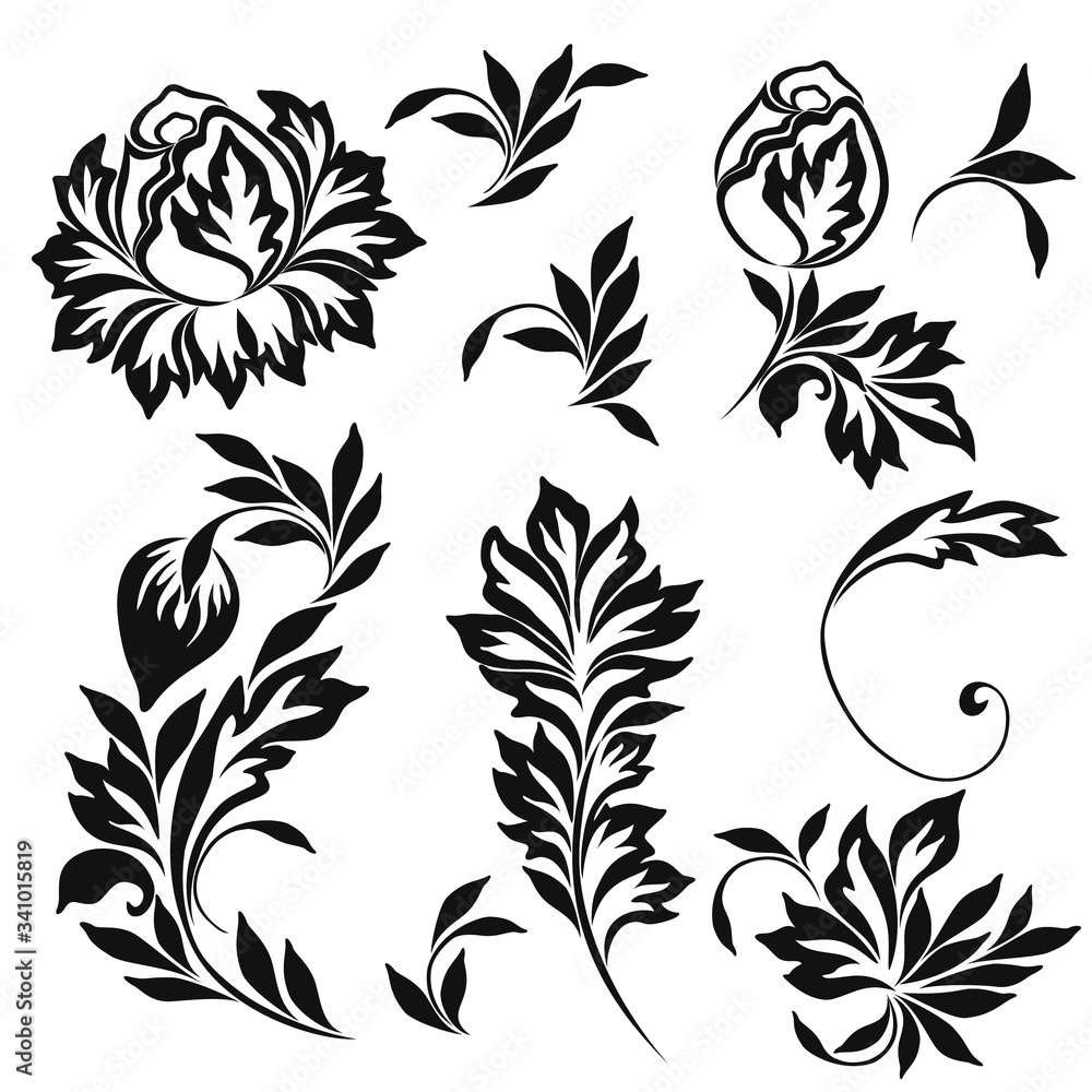 Black and white floral stencils for interior decoration, embroidery . Natural pattern - object isolated. Vector set of various ornaments, deco template.