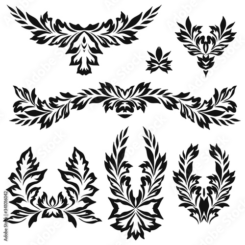 Black and white floral stencils for interior decoration, embroidery . Natural pattern - object isolated. Vector set of various ornaments, deco template.