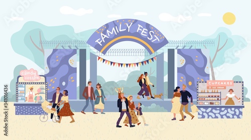 Family festival outdoor activities. Mother, father, children, family couple walking spare time together. Concert stage, confectionary stall market in amusement park. Seller offer cotton candy cupcakes