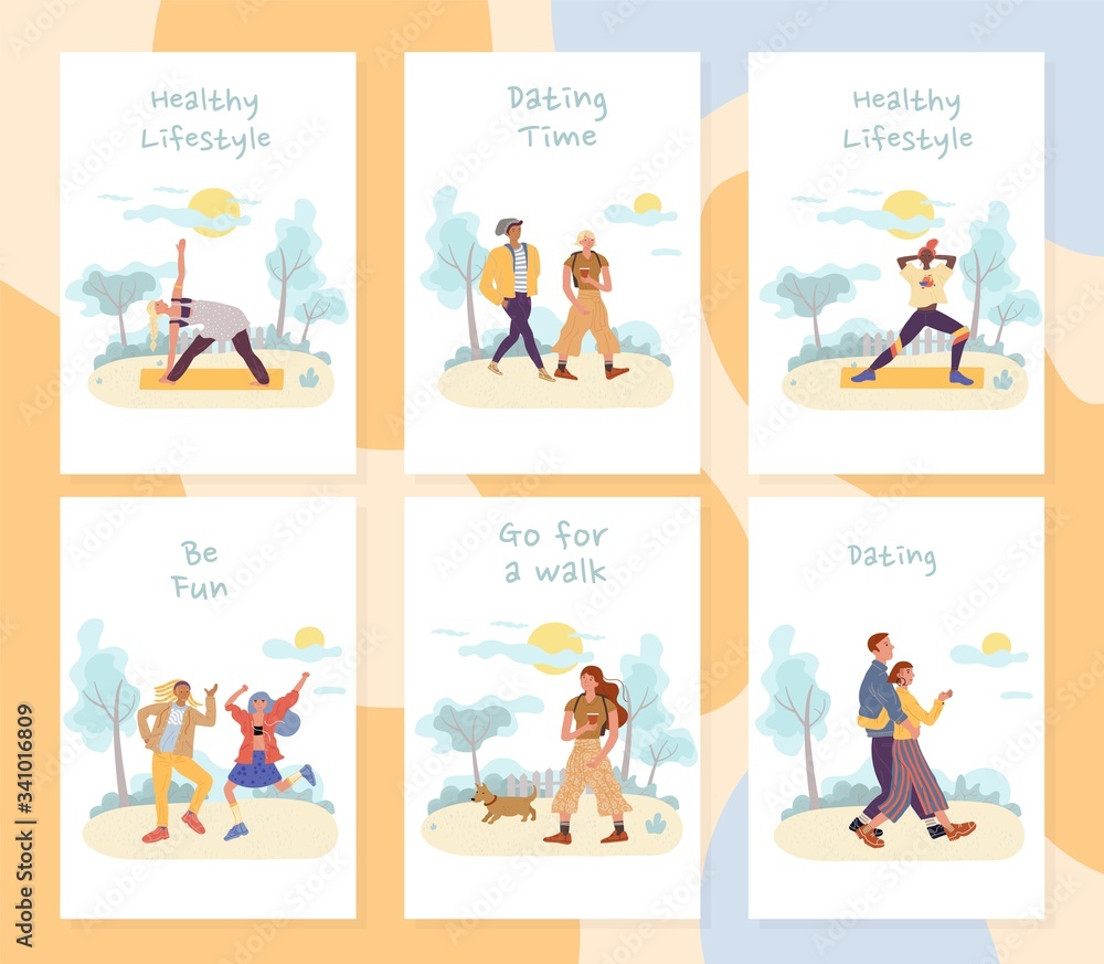 People summer vacation outdoor activities card set. Woman exercising, stretching. Lover couple, friends talking. Girl walking dog in park. Characters dancing. Healthy lifestyle, dating, walk, fun time