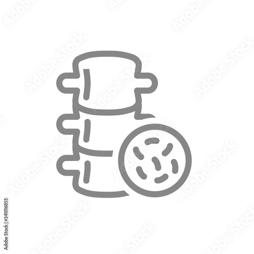 Spine with bacteria line icon. Disease backbone, staphylococcus aureus, spinal infections, arthritis symbol