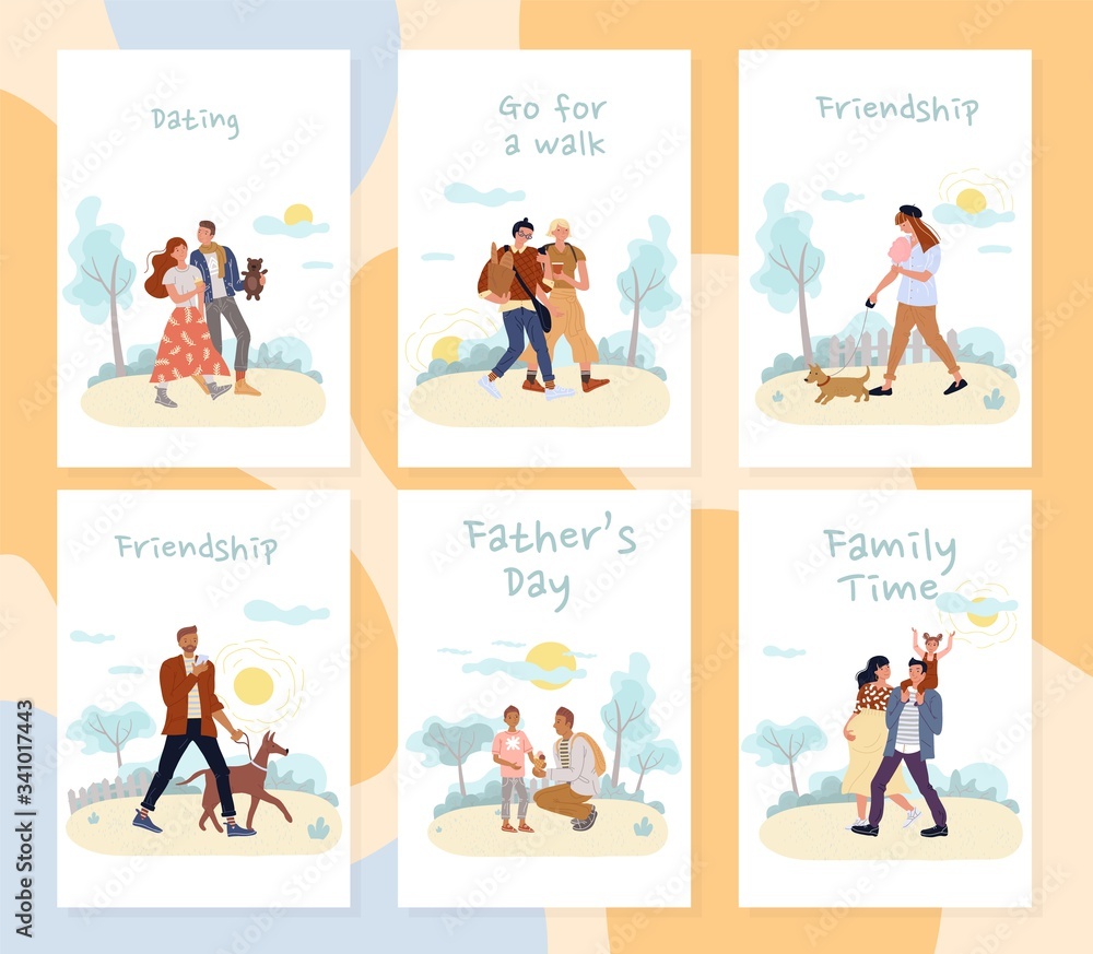 People enjoy active summer time outdoor card set. Girlfriend boyfriend couple go for walk, on romantic date. Father son pastime. Pet owner dog friendship. Family man pregnant woman spend time together People enjoy active summer time outdoor card set. Girlfriend boyfriend couple go for walk, on romantic date. Father son pastime. Pet owner dog friendship. Family man pregnant woman spend time together