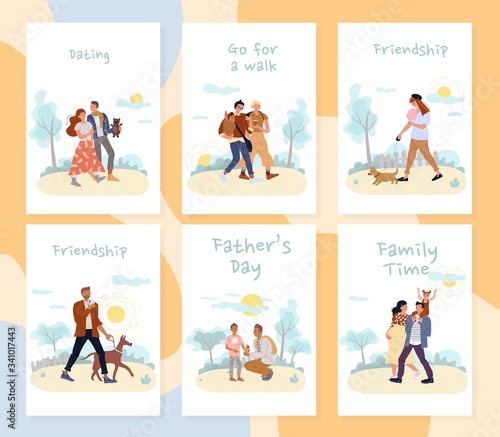 People enjoy active summer time outdoor card set. Girlfriend boyfriend couple go for walk, on romantic date. Father son pastime. Pet owner dog friendship. Family man pregnant woman spend time together