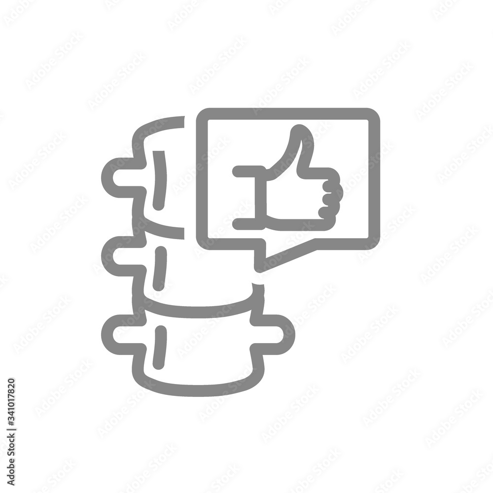 Spine with thumb up in speech bubble line icon. Healthy backbone symbol Spine with thumb up in speech bubble line icon. Healthy backbone symbol