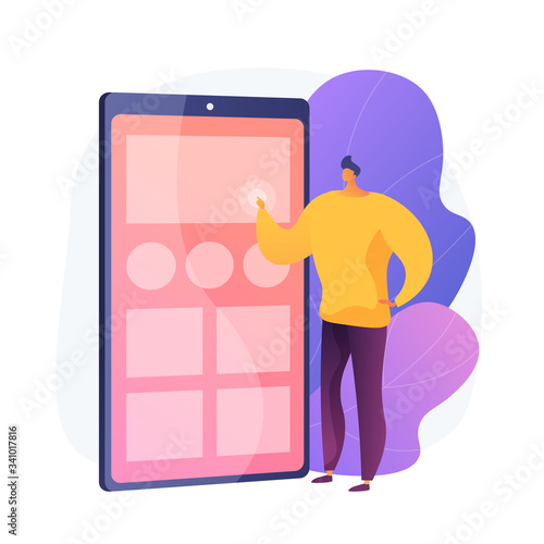 Application testing. UX designer, smartphone interface, portable electronics. Male cartoon character organizing apps on mobile phone screen. Vector isolated concept metaphor illustration