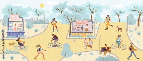 People perform leisure activity outdoor in park fairground. Man woman roller skating, riding bicycle, walking, working online on laptop, buying snack at candy-cotton cupcake food stall recreation area