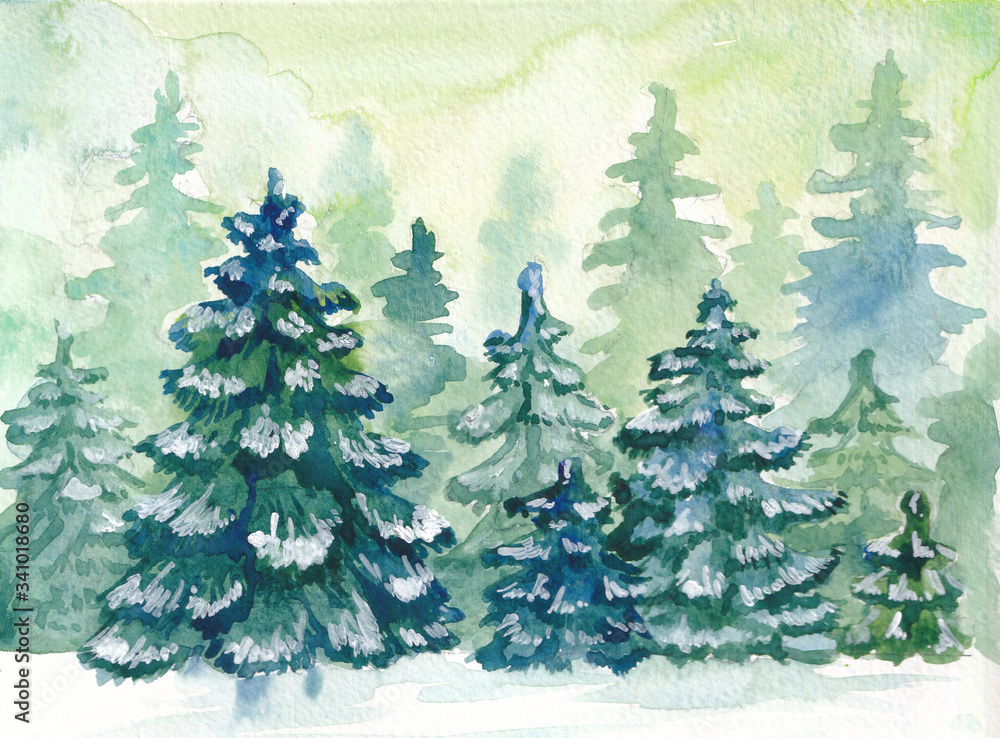 Fototapeta premium Watercolor coniferous forest illustrations, fir trees, Winter nature, holiday background, coniferous trees, snow, Outdoor, Snowy rural landscape.