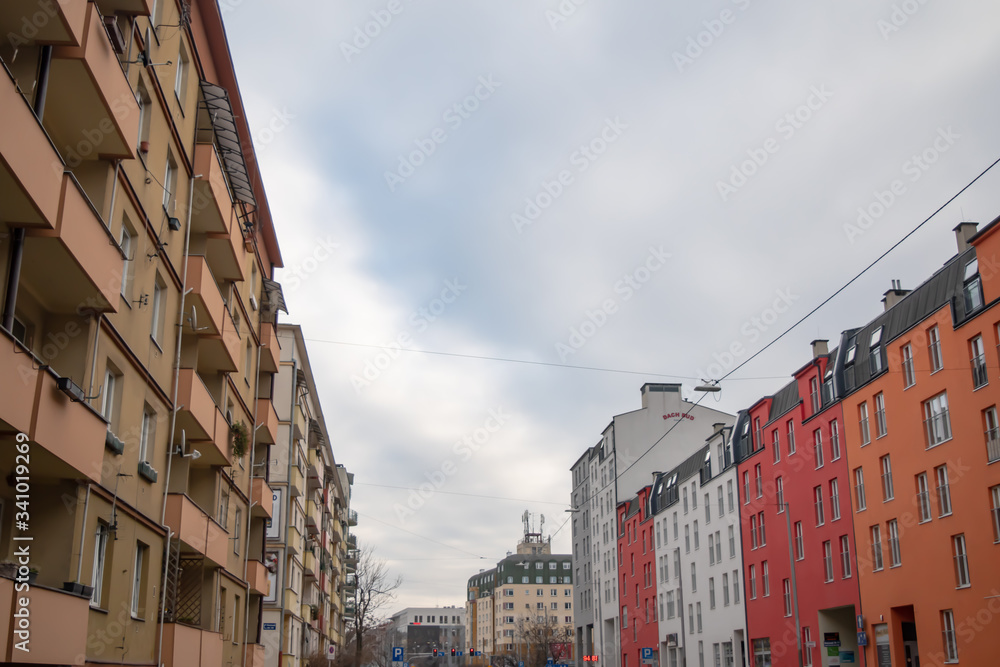 Perspective of a street in Wroclaw, Poland with contrast between new and old buildings.