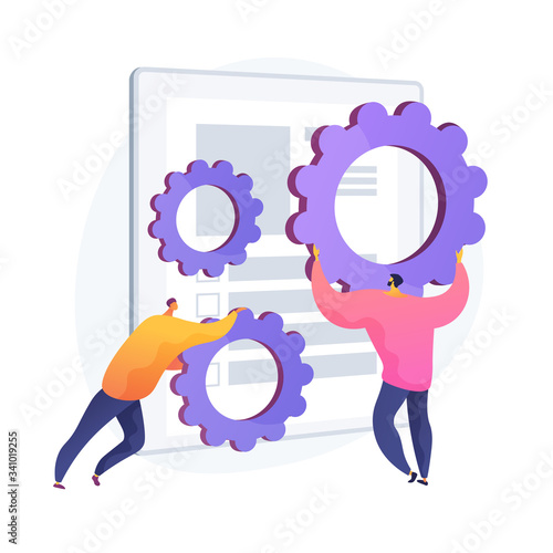 Software installation. Contract adjustment, agreement terms regulation, program fix. Coworkers holding gears cartoon character. Application bugs. Vector isolated concept metaphor illustration